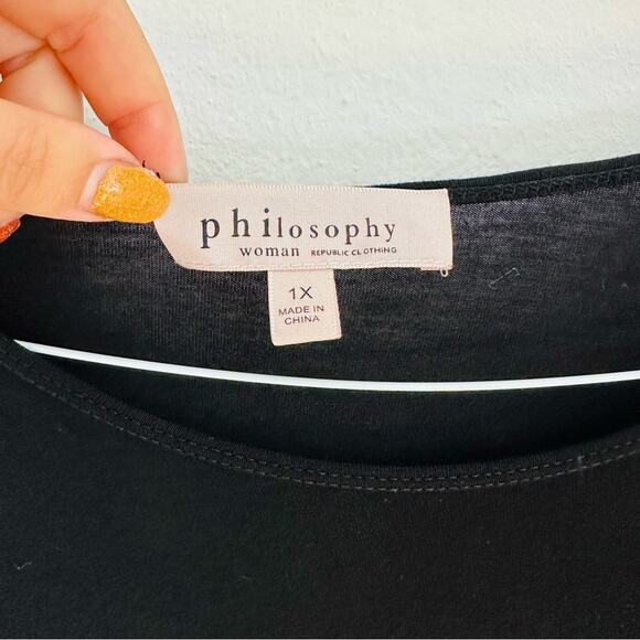 PHILOSOPHY Black Silver Beaded Sequin Shoulder 3/4 Shirt Tunic Top Blouse 1X - Picture 7 of 10